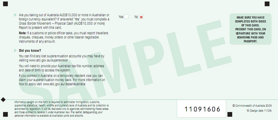澳大利亚出境卡范本英文版反面